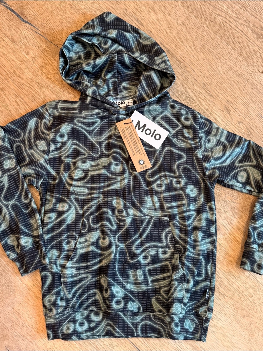 Molo Black Hoodie with Teal gaming remote  Print NWT